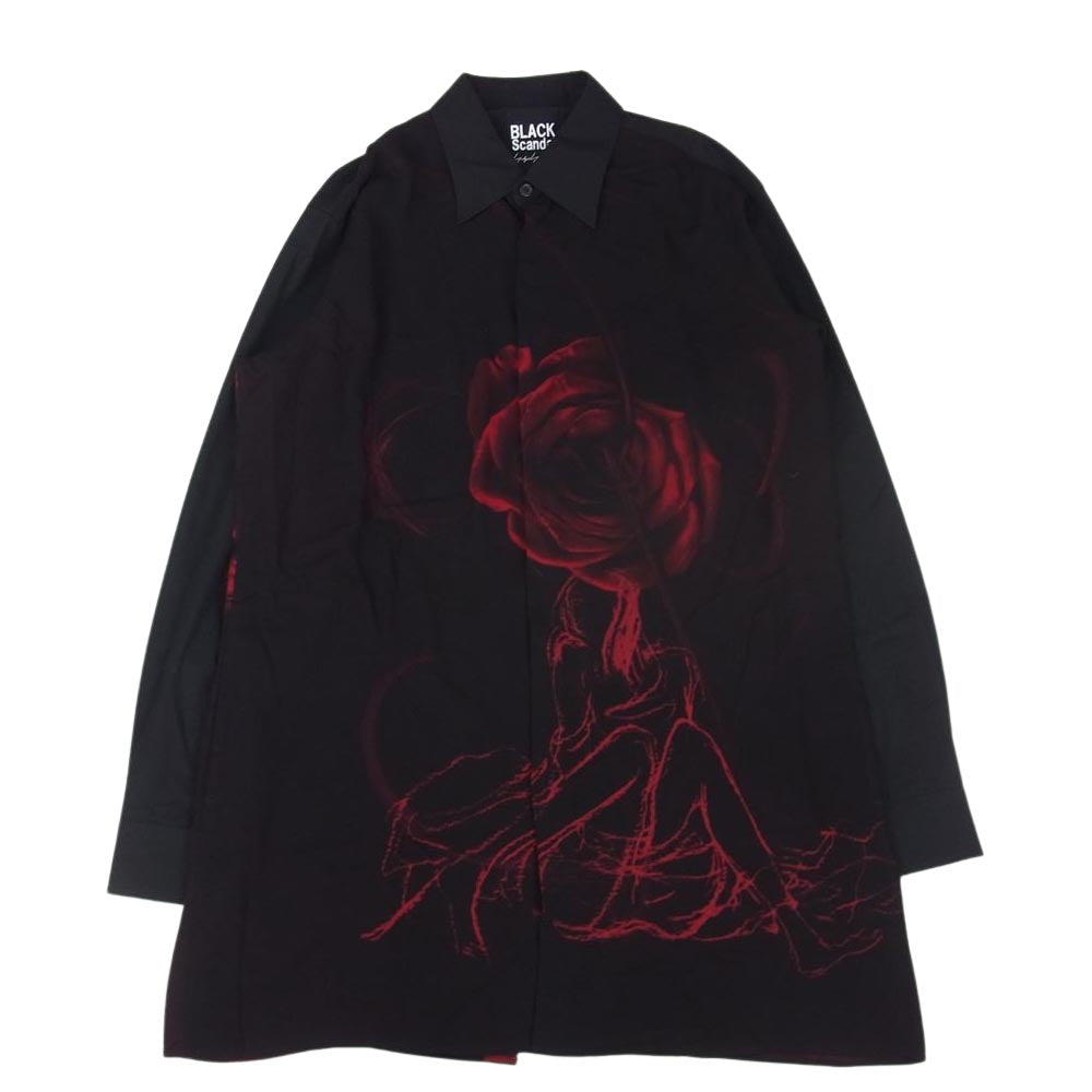 Yohji Yamamoto ヨウジヤマモト BLACK SCANDAL 19SS HH-B84-811 Back Opening Print  Shirt ブラックスキャンダル 薔薇プリント バックオープン レーヨン ロング シャツ ブラック系 3【中古】