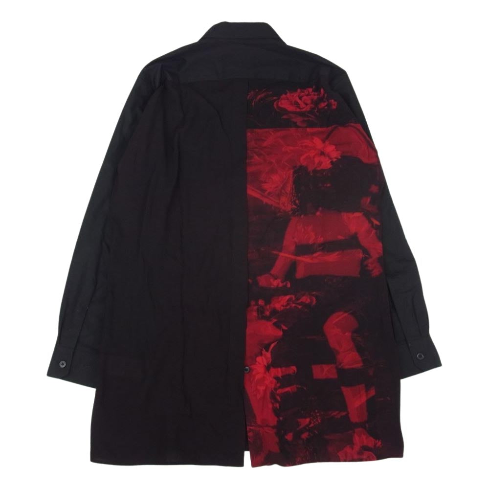 Yohji Yamamoto ヨウジヤマモト BLACK SCANDAL 19SS HH-B84-811 Back Opening Print Shirt ブラックスキャンダル 薔薇プリント バックオープン レーヨン ロング シャツ ブラック系 3【中古】