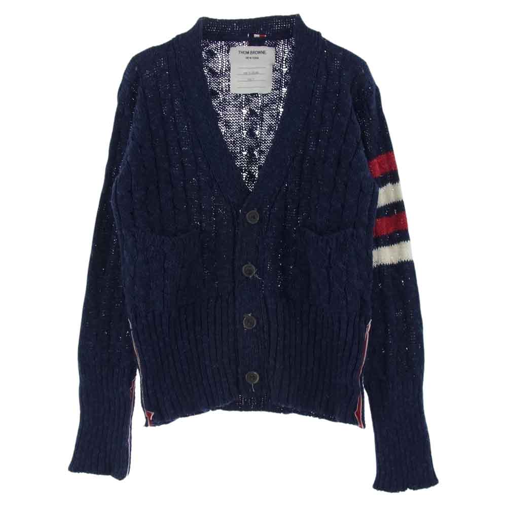 THOM BROWNE トムブラウン 国内正規品 アイルランド製 MKC001CKN006 トリコロールライン ニット カーディガン ネイビー ブルー系【中古】
