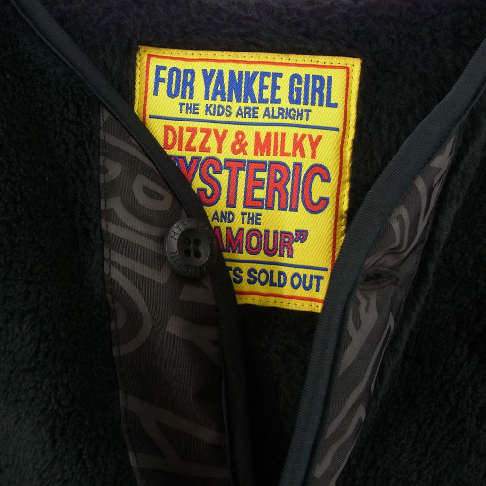 HYSTERIC GLAMOUR ヒステリックグラマー 01213CJ03 DIZZY&MILKY柄 ノーカラー フリース コート ブラック系 FREE【美品】【中古】