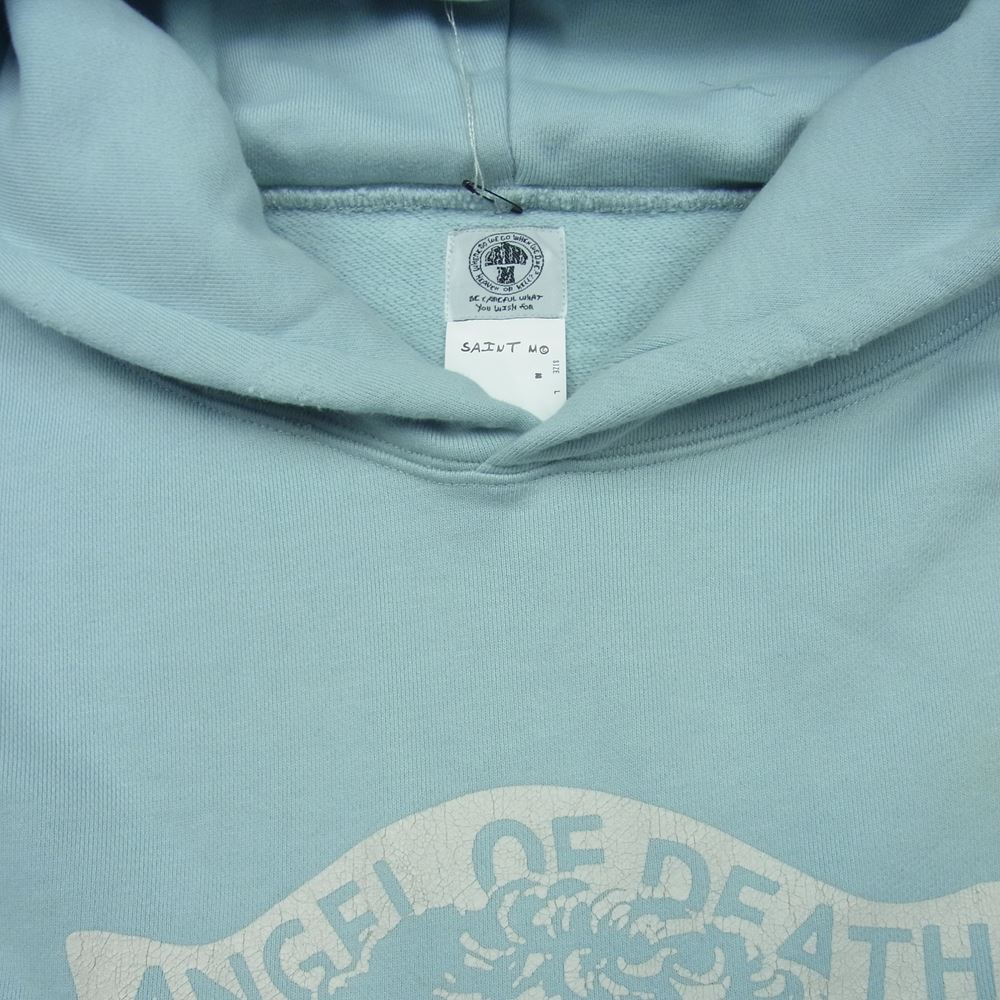 セントマイケル 21SS SM-S21-0000-042 Hoodie Angel ダメージ加工 エンジェル プリント スウェット パーカー ライトブルー系 L【美品】【中古】