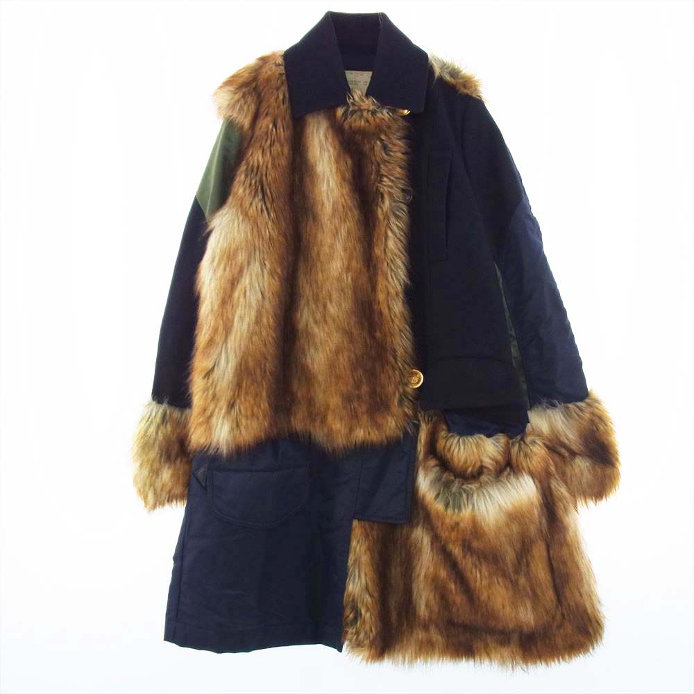 Sacai サカイ 18-04032 Military Coat Faux Fur Panel ミリタリー フェイク ファー パネル ドッキング ナイロン ウール コート ネイビー系 カーキ系 1【中古】