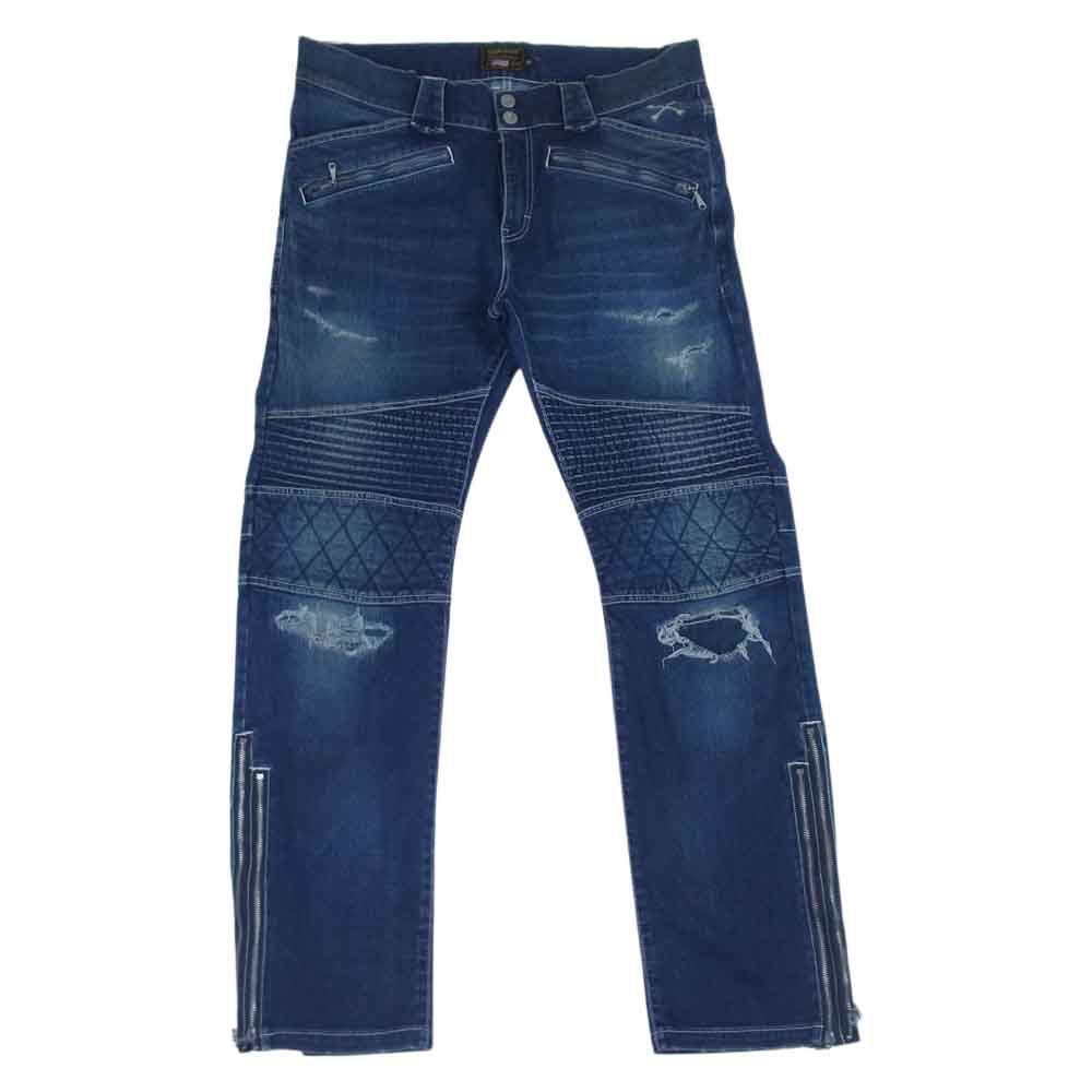 VANSON バンソン ダメージ加工 裾ジップ ストレッチ バイカー デニムパンツ ネイビー系 36【中古】