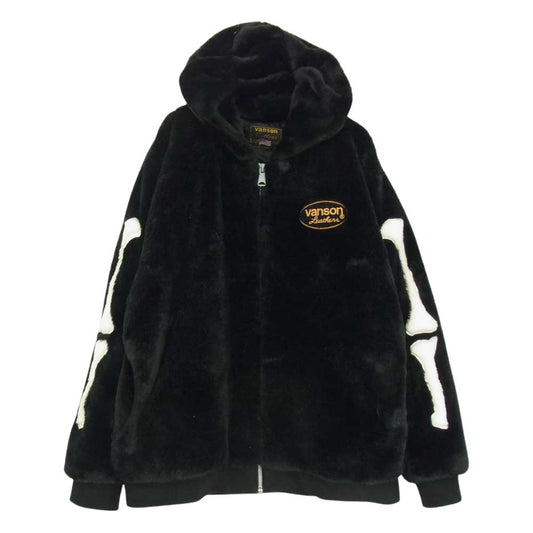 VANSON バンソン ロゴワッペン ボーン フェイクファー フルジップ フーデッド ZIP ジャケット パーカー ブラック系 XXL【中古】