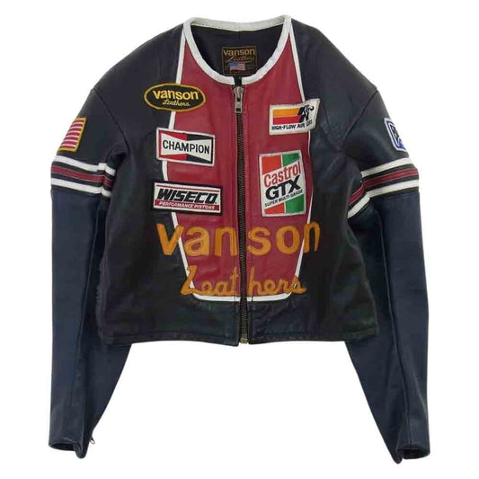 VANSON バンソン USA製 RACE JACKET PATCHES ワンスター レザー ワッペン シングル レーシング ライダースジャケット ブラック系 42【中古】