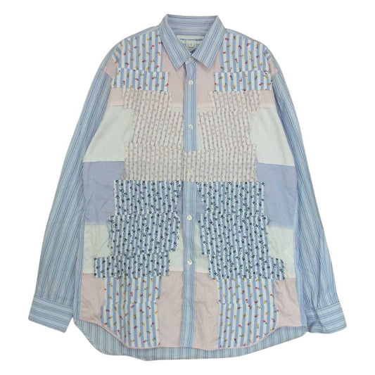 COMME des GARCONS コムデギャルソン SHIRT S20066 フラワー パッチワーク ストライプ 長袖 シャツ ライトブルー系 M【中古】