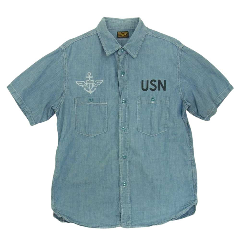 The REAL McCOY'S ザリアルマッコイズ U.S.N. CHAMBRAY SHIRT S/S アンカー 抜染 ステンシルプリント 半袖 シャンブレー シャツ ブルー系 サイズ表記無【中古】