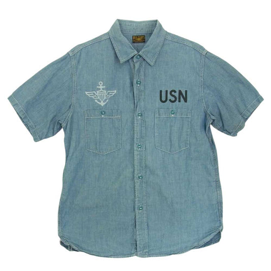 The REAL McCOY'S ザリアルマッコイズ U.S.N. CHAMBRAY SHIRT S/S アンカー 抜染 ステンシルプリント 半袖 シャンブレー シャツ ブルー系 サイズ表記無【中古】