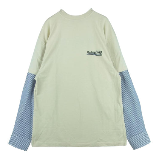 BALENCIAGA バレンシアガ 22SS 698631 キャンペーンロゴ ダメージ加工 レイヤード カットソー Tシャツ 長袖 ベージュ系 ライトブルー系 ホワイト系 L【中古】