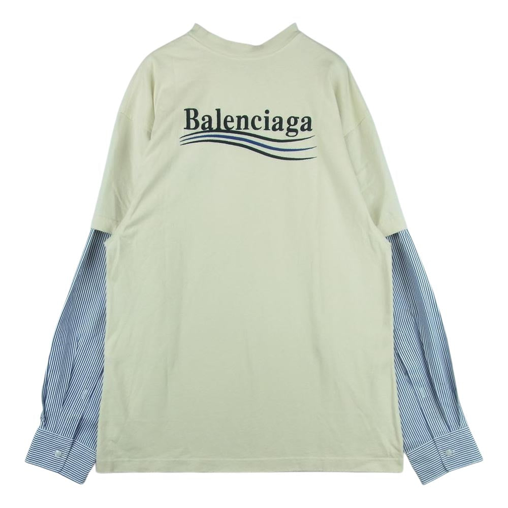 BALENCIAGA バレンシアガ 22SS 698631 キャンペーンロゴ ダメージ加工 レイヤード カットソー Tシャツ 長袖 ベージュ系 ライトブルー系 ホワイト系 L【中古】