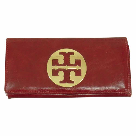 Tory Burch トリーバーチ レザー フラップ メタルロゴ ウォレット 財布 レッド系【中古】