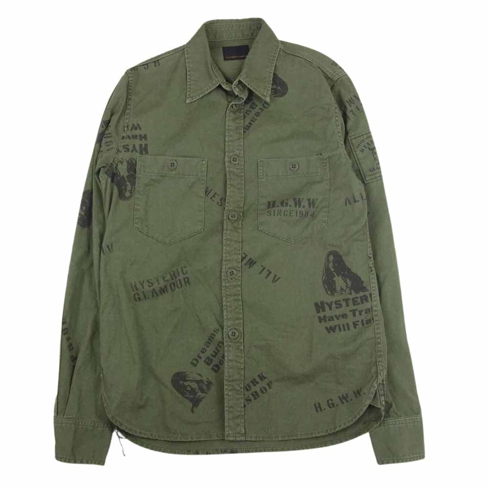 HYSTERIC GLAMOUR ヒステリックグラマー 0221AH05 プリント 総柄 ミリタリーシャツ カーキ系 S【中古】