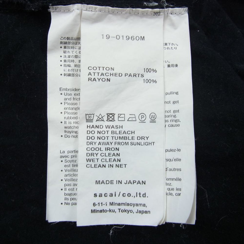 Sacai サカイ  19-01960M  フラワー 刺繍 レイヤード ポケット Tシャツ ブラック系 4【中古】