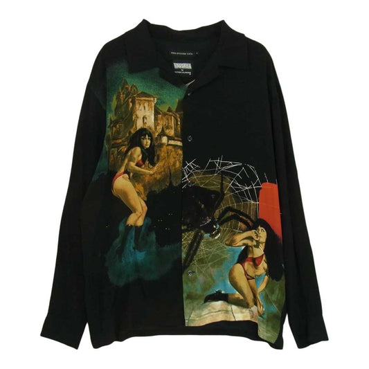 HYSTERIC GLAMOUR ヒステリックグラマー 06213AH03 THEE HYSTERIC XXX × VAMPIRELLA ヴァンピエラ イラスト 総柄 レーヨン オープンカラー 長袖 シャツ ブラック系 L【美品】【中古】