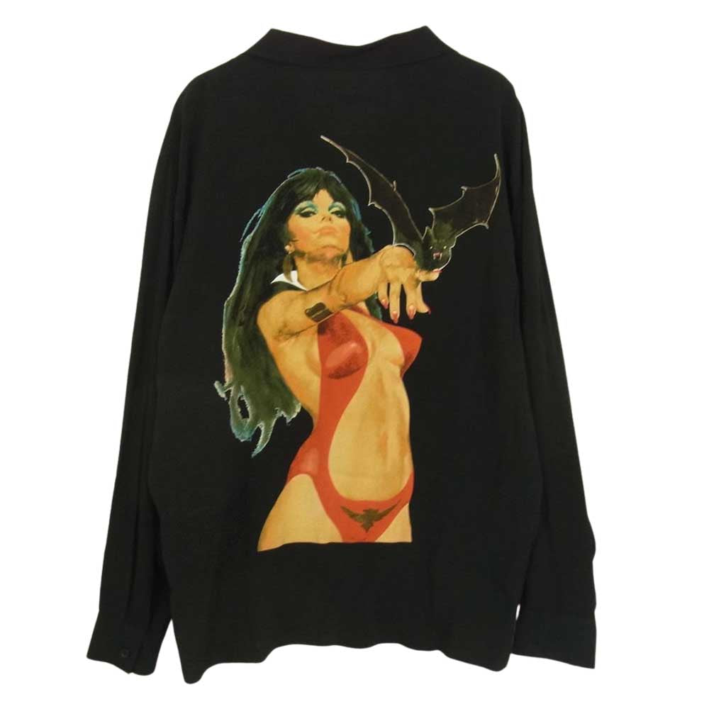 HYSTERIC GLAMOUR ヒステリックグラマー 06213AH03 THEE HYSTERIC XXX × VAMPIRELLA ヴァンピエラ イラスト 総柄 レーヨン オープンカラー 長袖 シャツ ブラック系 L【美品】【中古】
