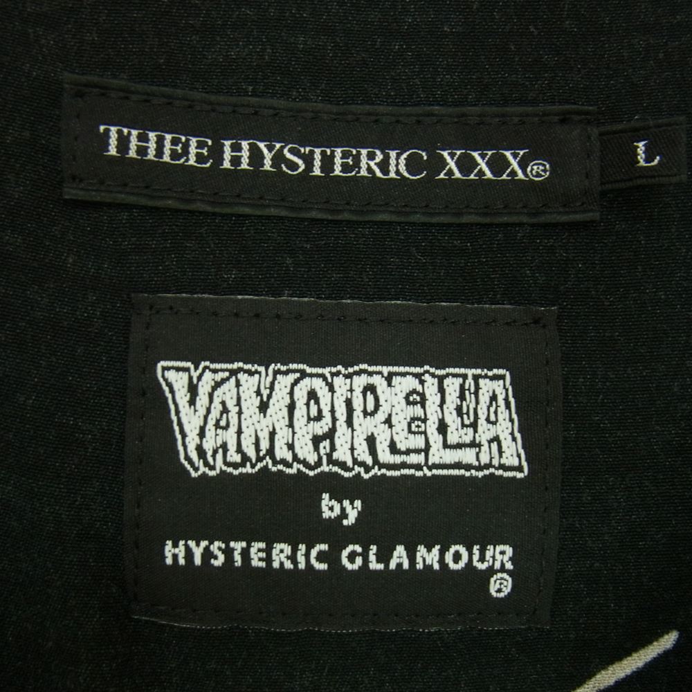 HYSTERIC GLAMOUR ヒステリックグラマー 06213AH03 THEE HYSTERIC XXX × VAMPIRELLA ヴァンピエラ イラスト 総柄 レーヨン オープンカラー 長袖 シャツ ブラック系 L【美品】【中古】
