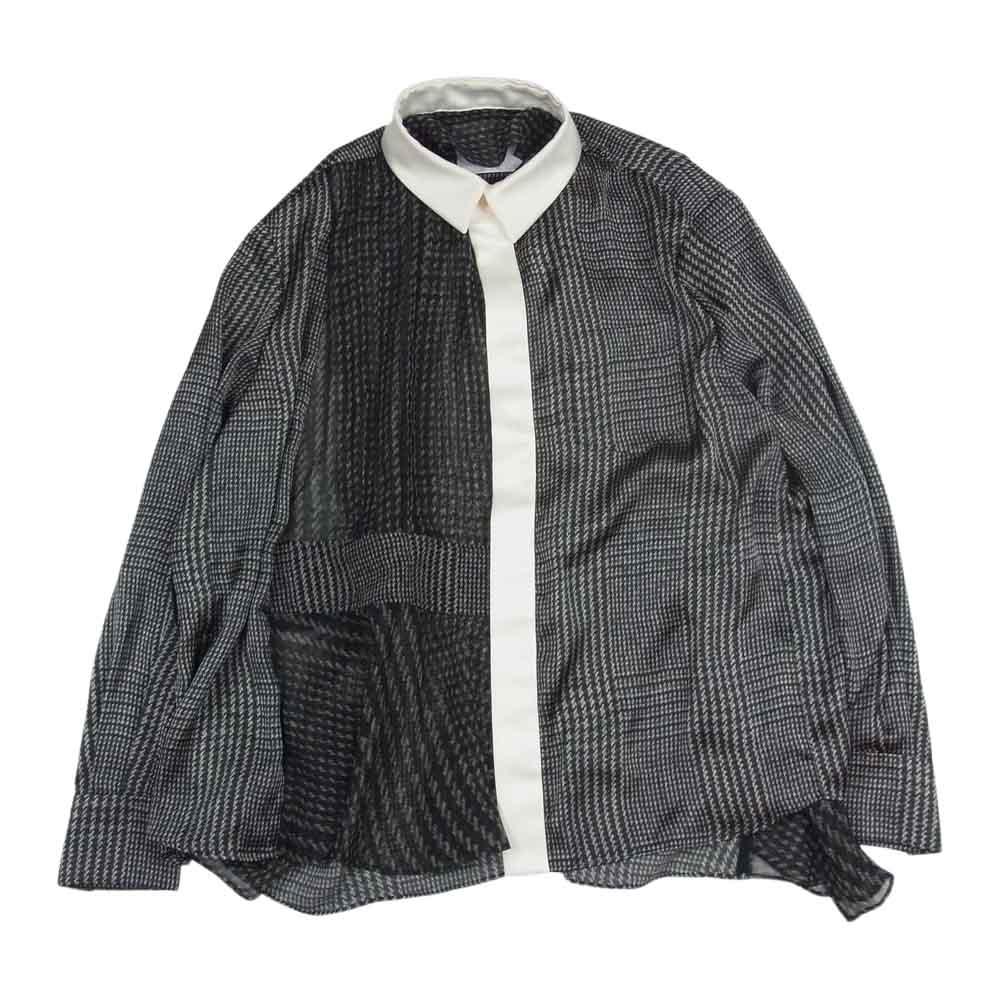 Sacai サカイ 20AW 20-05334 グレンチェック シアー シフォン プリーツ サテン 切替 リボン ブラウス ブラック系 1【美品】【中古】