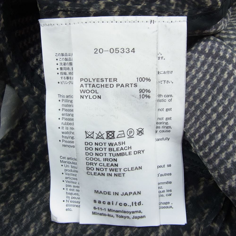 Sacai サカイ 20AW 20-05334 グレンチェック シアー シフォン プリーツ サテン 切替 リボン ブラウス ブラック系 1【美品】【中古】
