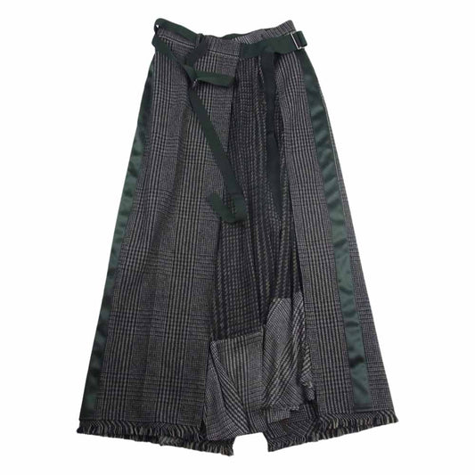 Sacai サカイ 20AW 20-05337  ウール グレンチェック サイドライン 切替 ラップ ベルテッド スカート カーキ系 1【美品】【中古】