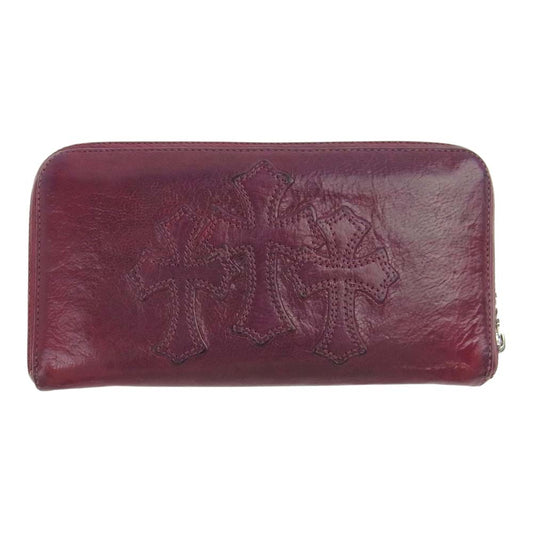 CHROME HEARTS クロムハーツ（原本無） REC F ZIP ＃2 レザー 3セメタリー クロス パッチ ウォレット ラウンドファスナー 長財布 ワインレッド系【中古】