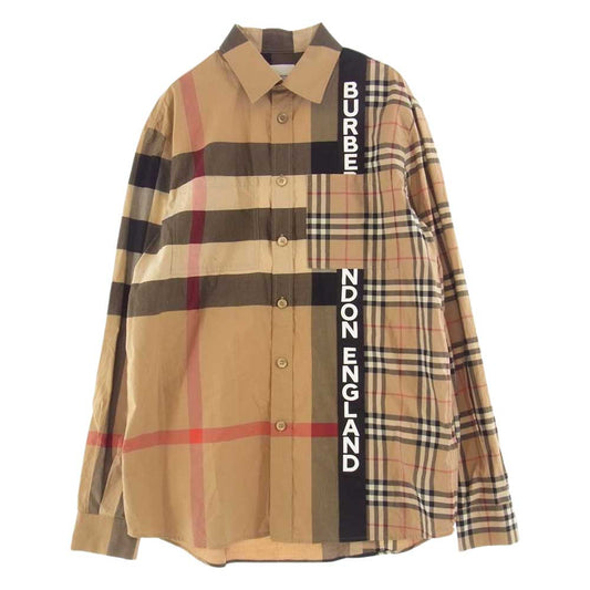 BURBERRY バーバリー 20AW 8033101 ロゴ パッチワーク プリント アシンメトリー デザイン チェック シャツ ブラウン系 S【中古】