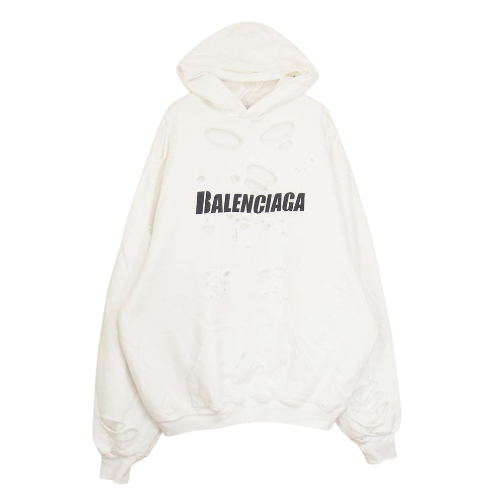 BALENCIAGA バレンシアガ 21SS 659403 TKVB6 デストロイ加工 ロゴ ミディアム パーカー  ホワイト系 XXS【中古】