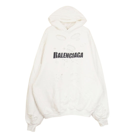 BALENCIAGA バレンシアガ 21SS 659403 TKVB6 デストロイ加工 ロゴ ミディアム パーカー  ホワイト系 XXS【中古】