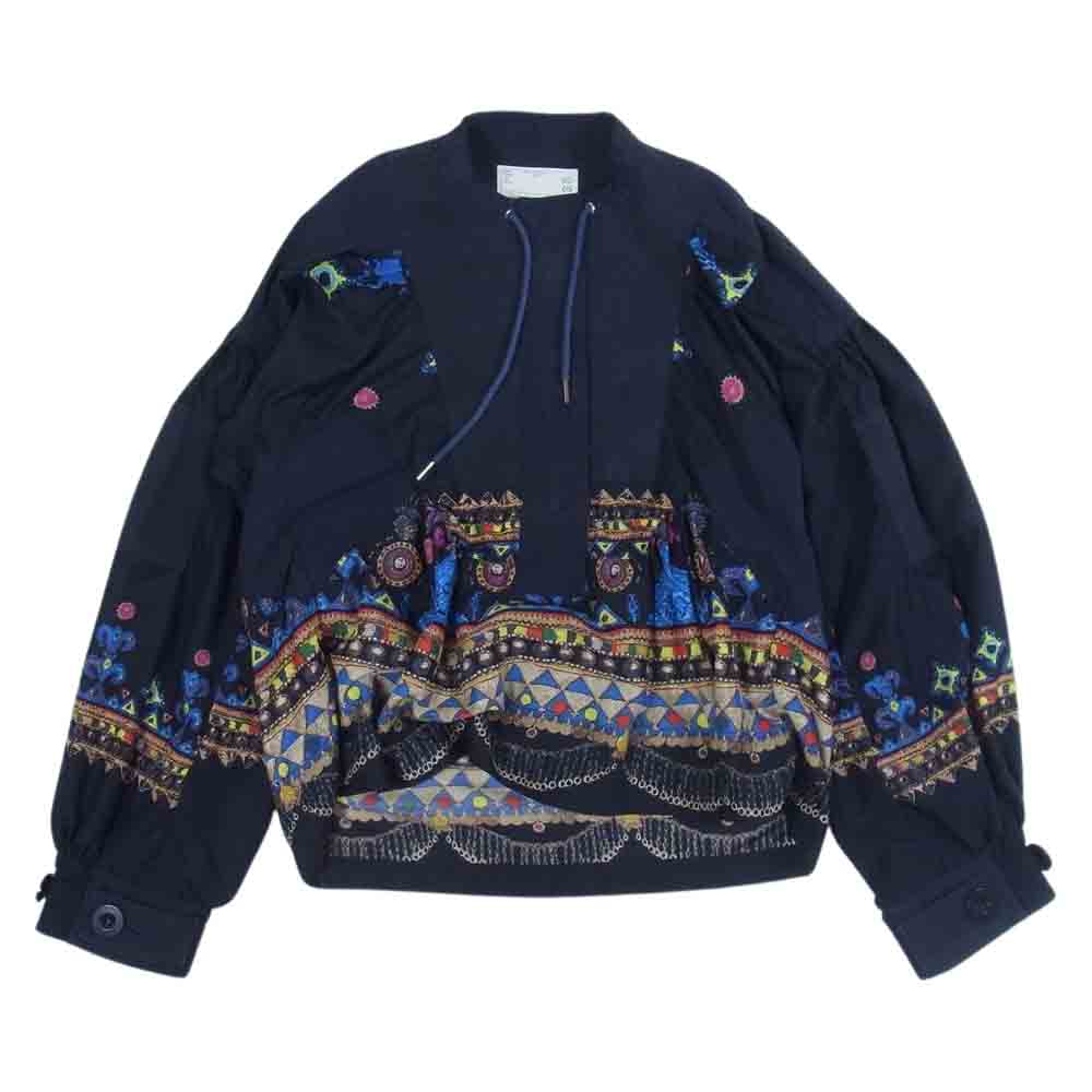Sacai サカイ 17-02938 ネイティブ柄 ドッキング ギャザースリーブ プルオーバー ブラウス ダークネイビー系 1【中古】