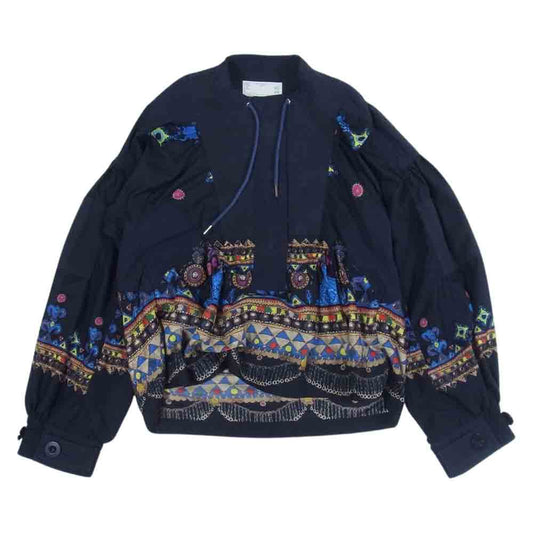 Sacai サカイ 17-02938 ネイティブ柄 ドッキング ギャザースリーブ プルオーバー ブラウス ダークネイビー系 1【中古】