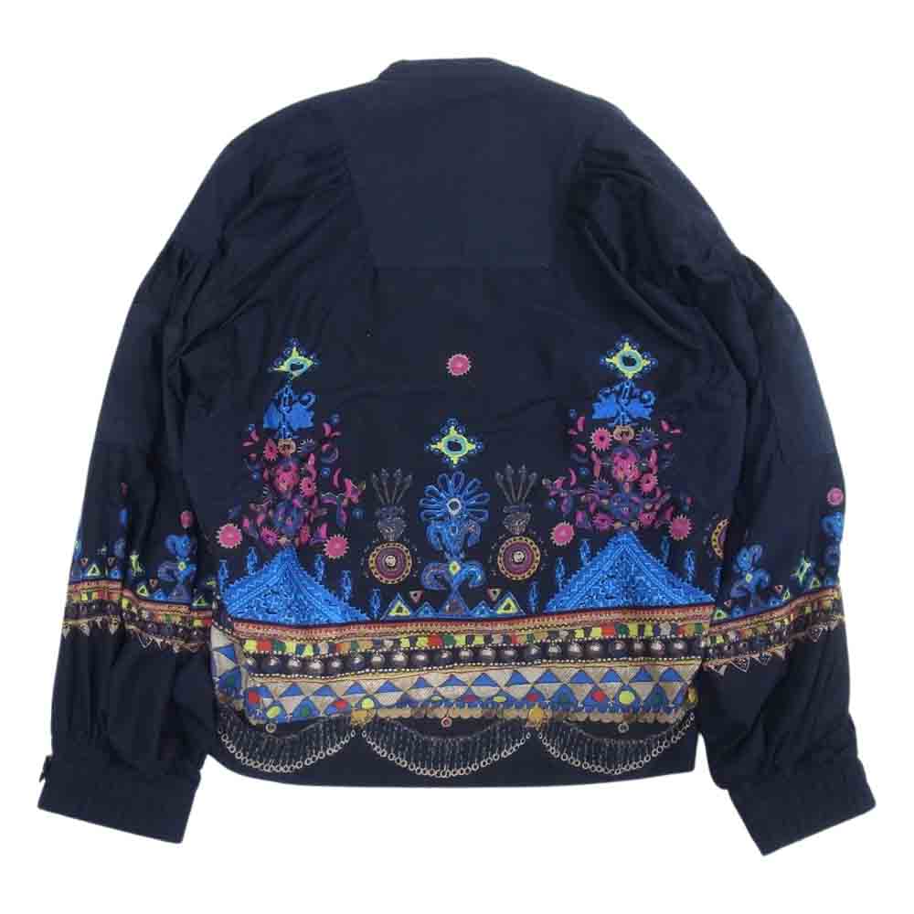 Sacai サカイ 17-02938 ネイティブ柄 ドッキング ギャザースリーブ プルオーバー ブラウス ダークネイビー系 1【中古】