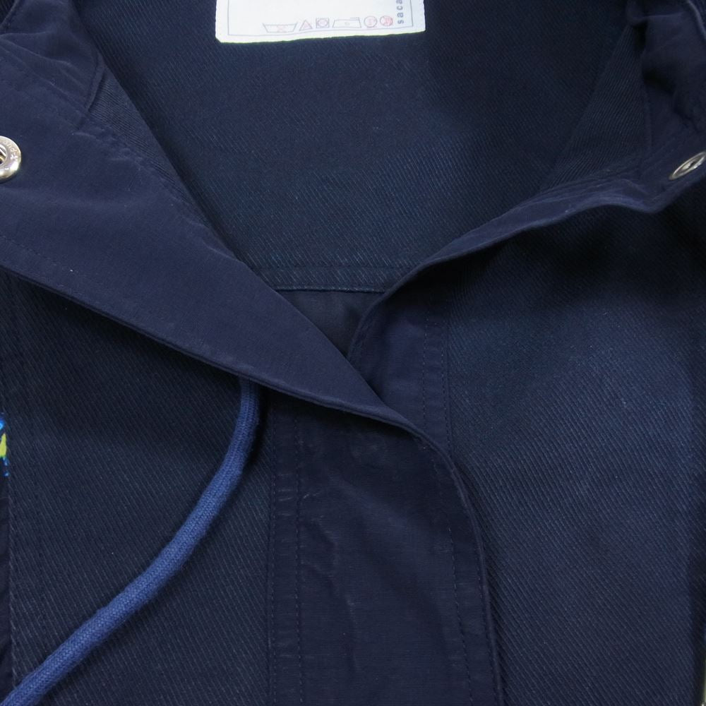 Sacai サカイ 17-02938 ネイティブ柄 ドッキング ギャザースリーブ プルオーバー ブラウス ダークネイビー系 1【中古】