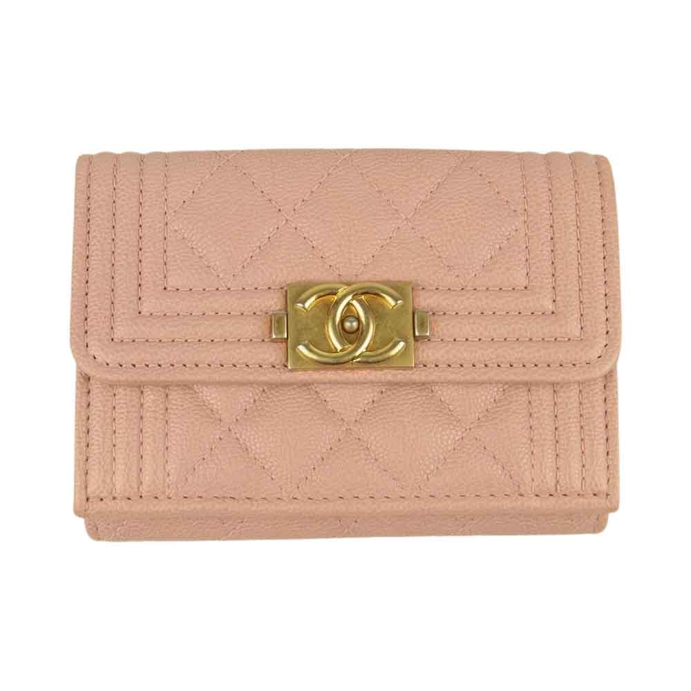 CHANEL シャネル ボーイシャネル キャビアスキン ココマーク コンパクト ミニ ウォレット 三つ折り 財布 ピンク系【中古】
