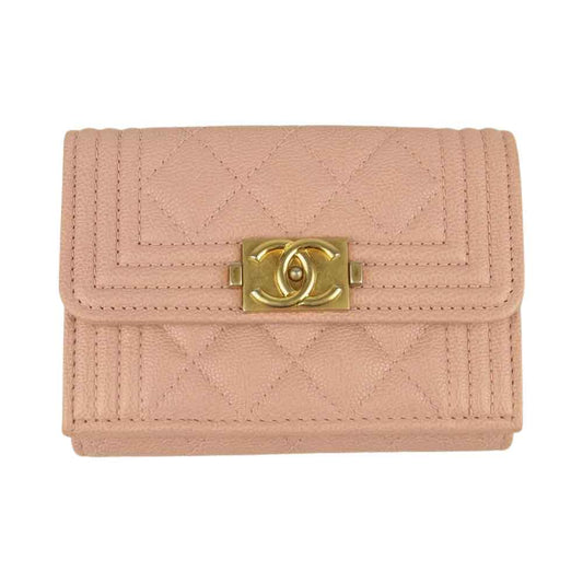 CHANEL シャネル ボーイシャネル キャビアスキン ココマーク コンパクト ミニ ウォレット 三つ折り 財布 ピンク系【中古】