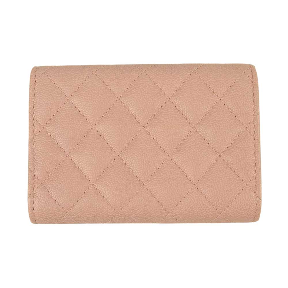 CHANEL シャネル ボーイシャネル キャビアスキン ココマーク コンパクト ミニ ウォレット 三つ折り 財布 ピンク系【中古】