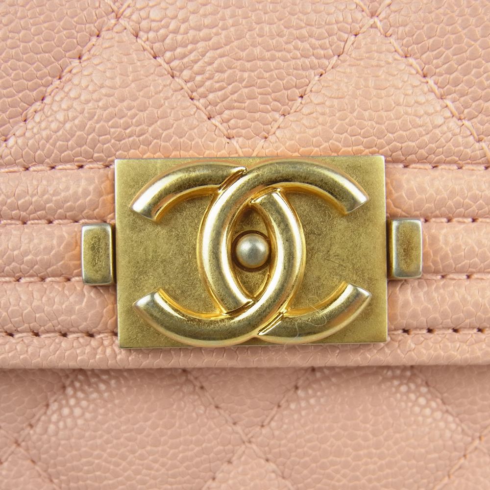 CHANEL シャネル ボーイシャネル キャビアスキン ココマーク コンパクト ミニ ウォレット 三つ折り 財布 ピンク系【中古】