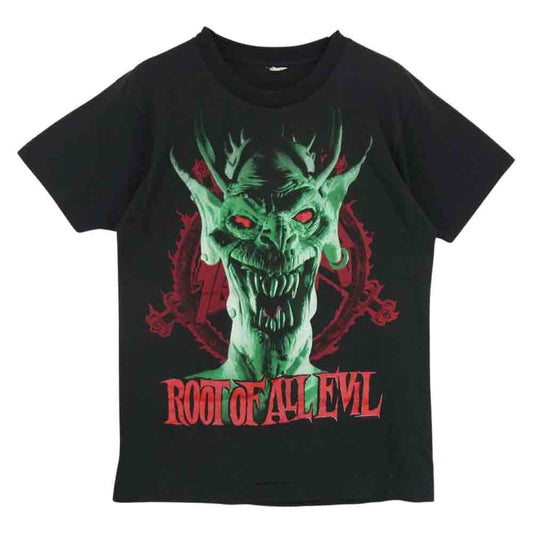 80s Slayer root of all evil WORLD SCRIFICE 1988 Tour ビンテージ スレイヤー バンド Tシャツ バンT 袖裾シングルステッチ ブラック系 サイズ表記無【中古】