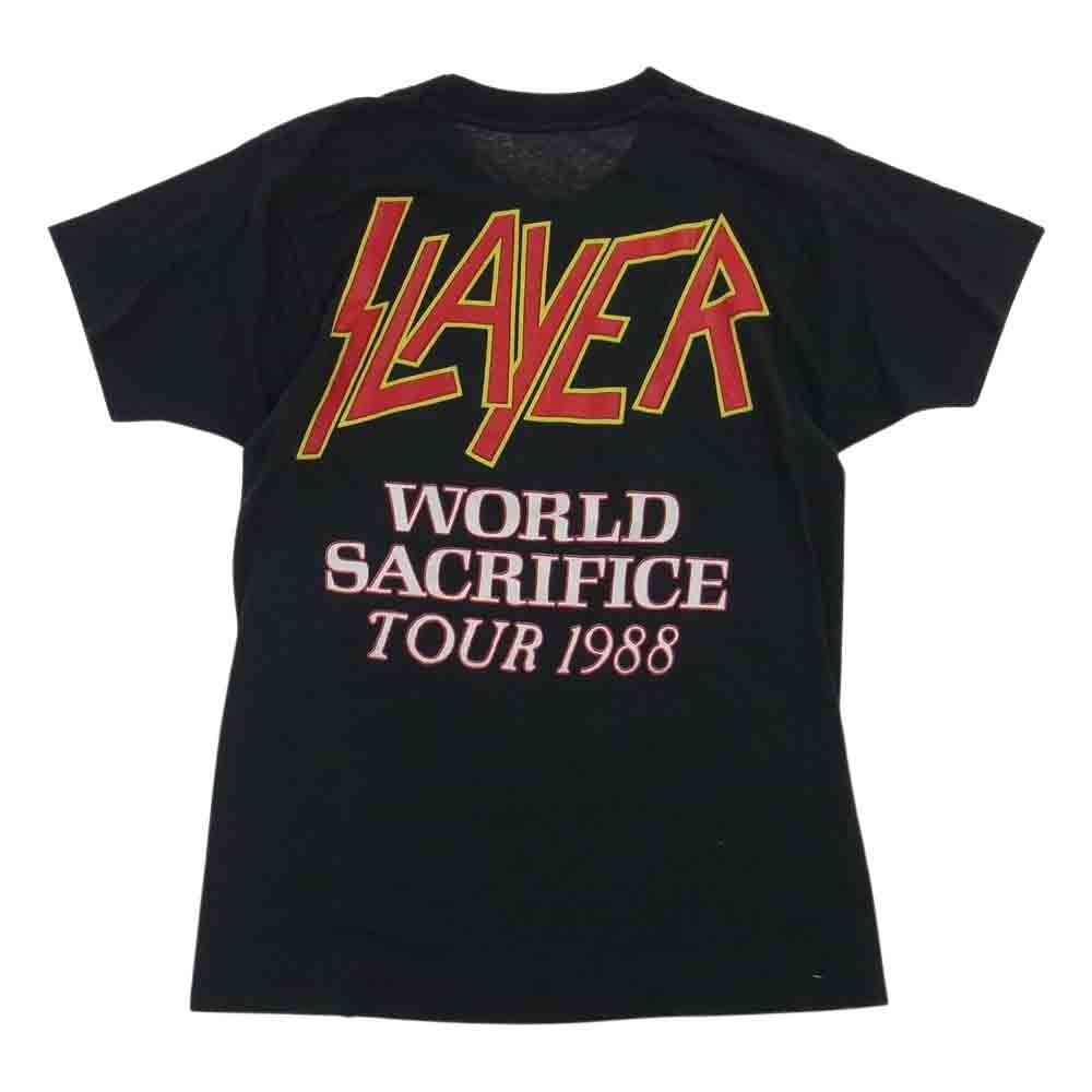 80s Slayer root of all evil WORLD SCRIFICE 1988 Tour ビンテージ スレイヤー バンド Tシャツ  バンT 袖裾シングルステッチ ブラック系 サイズ表記無【中古】