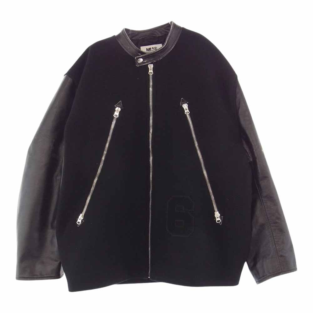 MAISON MARGIELA メゾンマルジェラ 22AW S62AN0078 S60353 MM6 エムエムシックス 八の字 ダメージ加工 ロゴパッチ カーフレザー ジップ ブルゾン シングル ライダースジャケット ブラック系【美品】【中古】