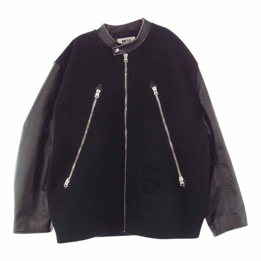 MAISON MARGIELA メゾンマルジェラ 22AW S62AN0078 S60353 MM6 エムエムシックス 八の字 ダメージ加工 ロゴパッチ カーフレザー ジップ ブルゾン シングル ライダースジャケット ブラック系【美品】【中古】