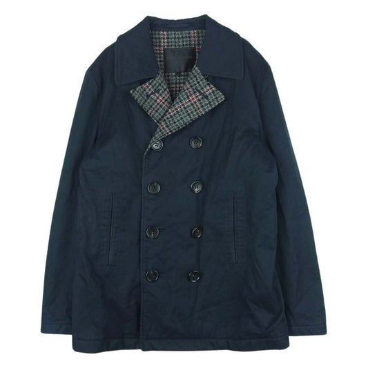 COMME des GARCONS HOMME コムデギャルソンオム 03AW HL-C003 裏地チェック コットンツイル Pコート ピーコート ダークネイビー寄りの黒 M【中古】
