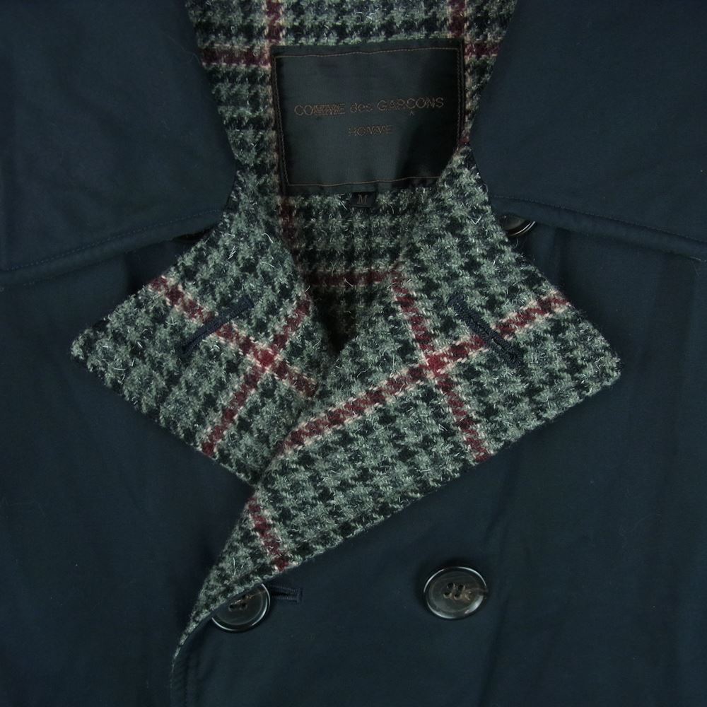 COMME des GARCONS HOMME コムデギャルソンオム 03AW HL-C003 裏地チェック コットンツイル Pコート ピーコート ダークネイビー寄りの黒 M【中古】