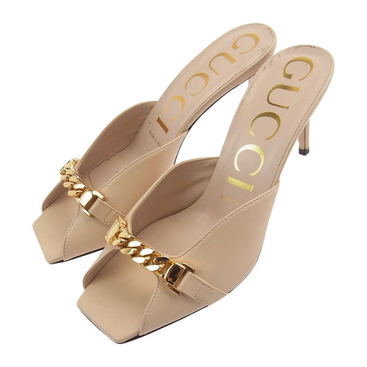 GUCCI グッチ 20AW 626769 レザー チェーン ミュール サンダル ヒール ベージュ系 37【中古】