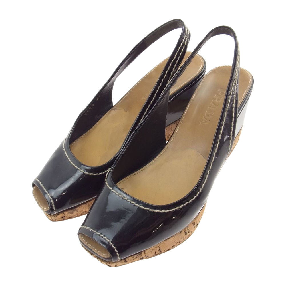 PRADA プラダ エナメル ウェッジソール サンダル ブラック系 34【中古】