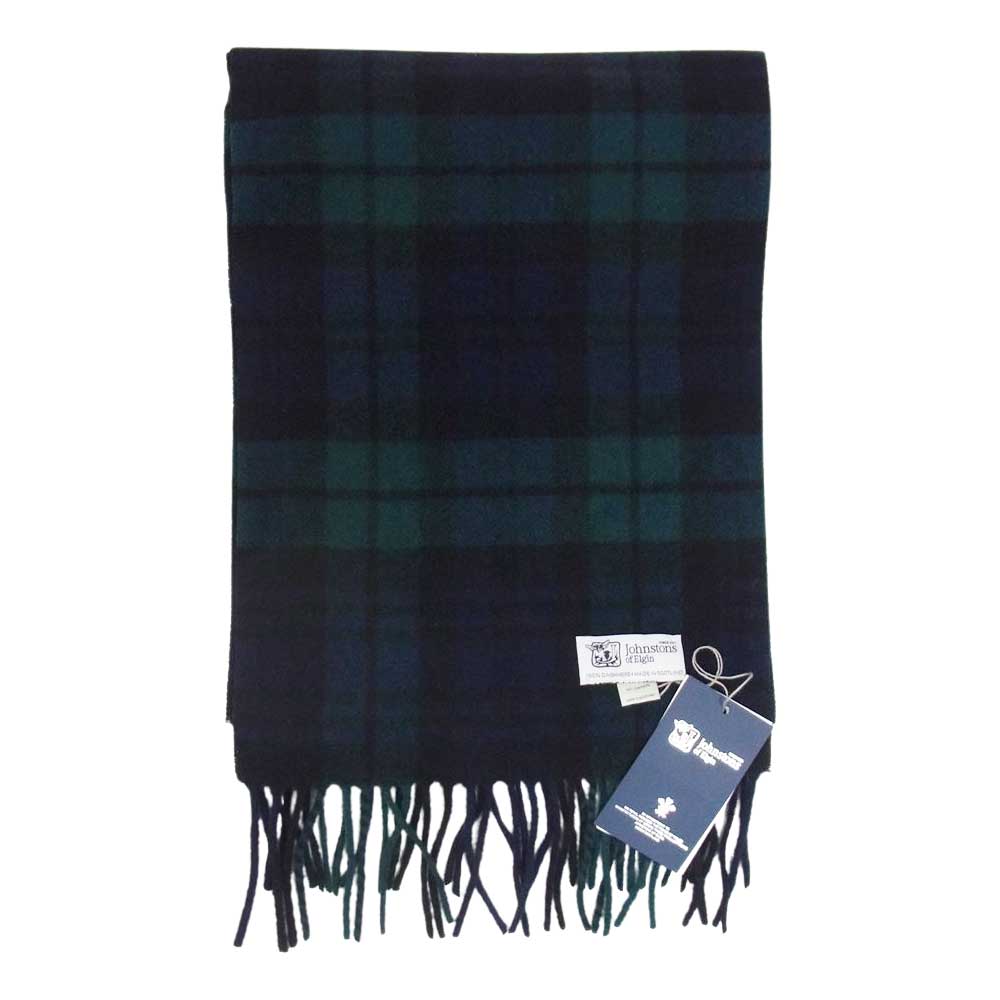 ジョンストンズオブエルガン スコットランド製 CASHMERE CHECK SCARF カシミヤ100％ チェック スカーフ マフラー ネイビー系【中古】