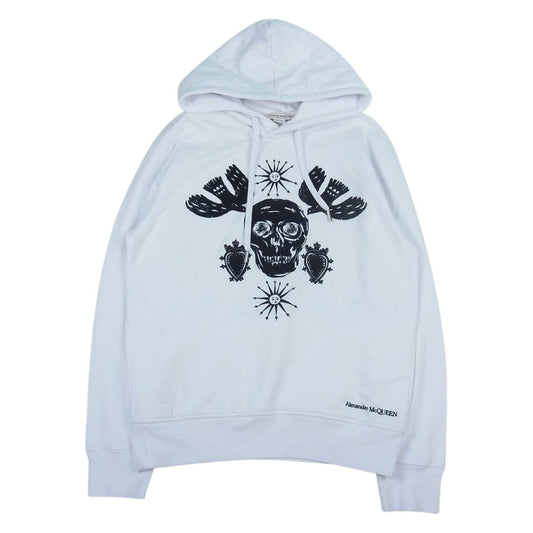 Alexander McQueen アレキサンダーマックイーン QRX43 Skull Embroidered Cotton Hoodie スカル エンブロイダリー ロゴ刺繍 パーカー フーディ ホワイト系 L【中古】