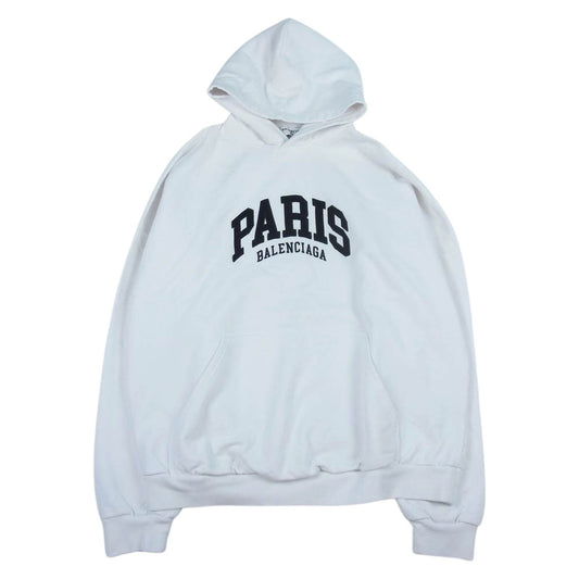 BALENCIAGA バレンシアガ 22AW 875003 TLVL8  PARIS パリ ロゴ刺繍  パーカー ホワイト系 L【中古】