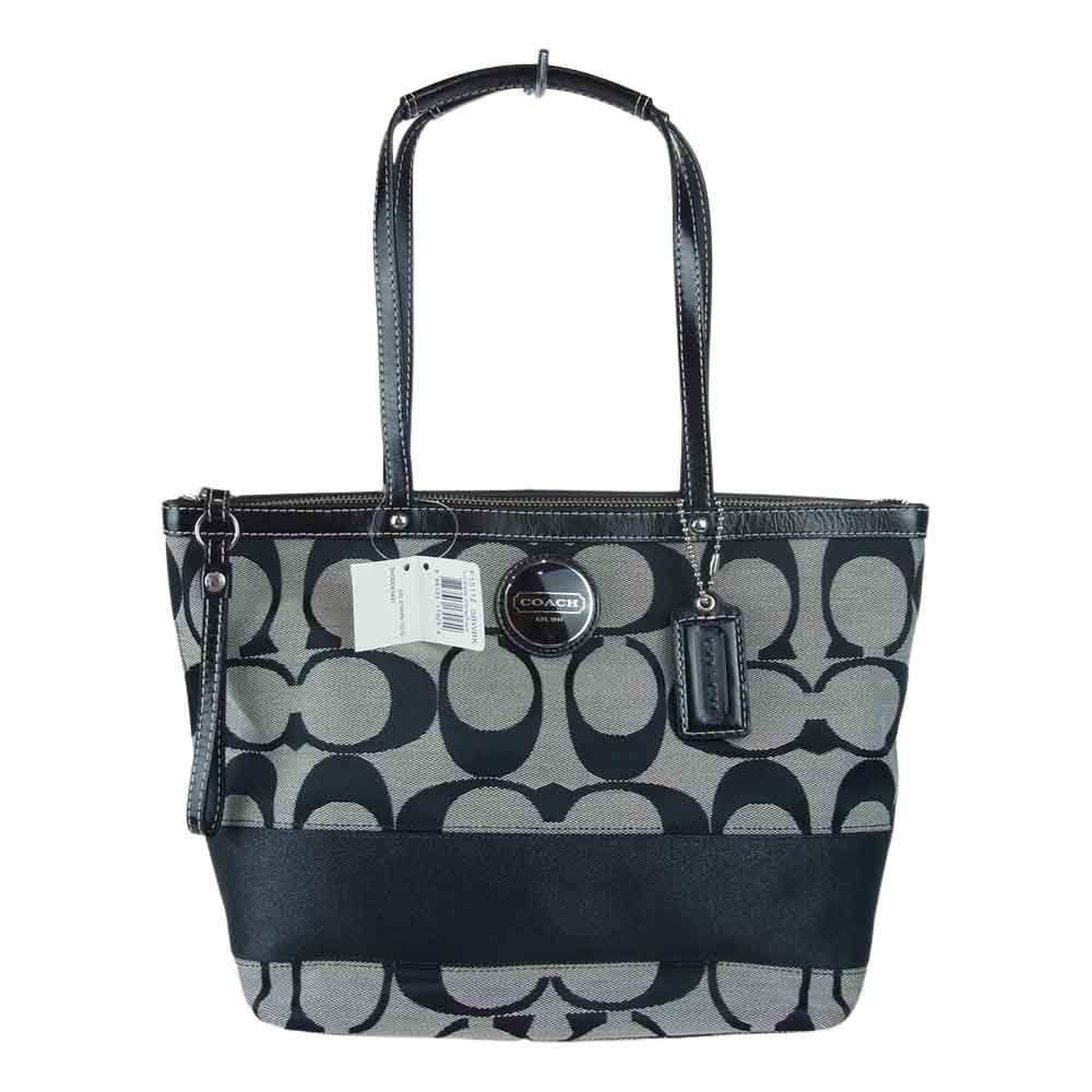 COACH コーチ F15112 シグネチャー レザー キャンバス トート バッグ ブラック系【美品】【中古】