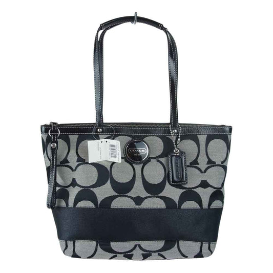 COACH コーチ F15112 シグネチャー レザー キャンバス トート バッグ ブラック系【美品】【中古】