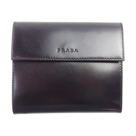 PRADA プラダ 1M0956 がま口 二つ折り レザー ウォレット ブラック系【中古】