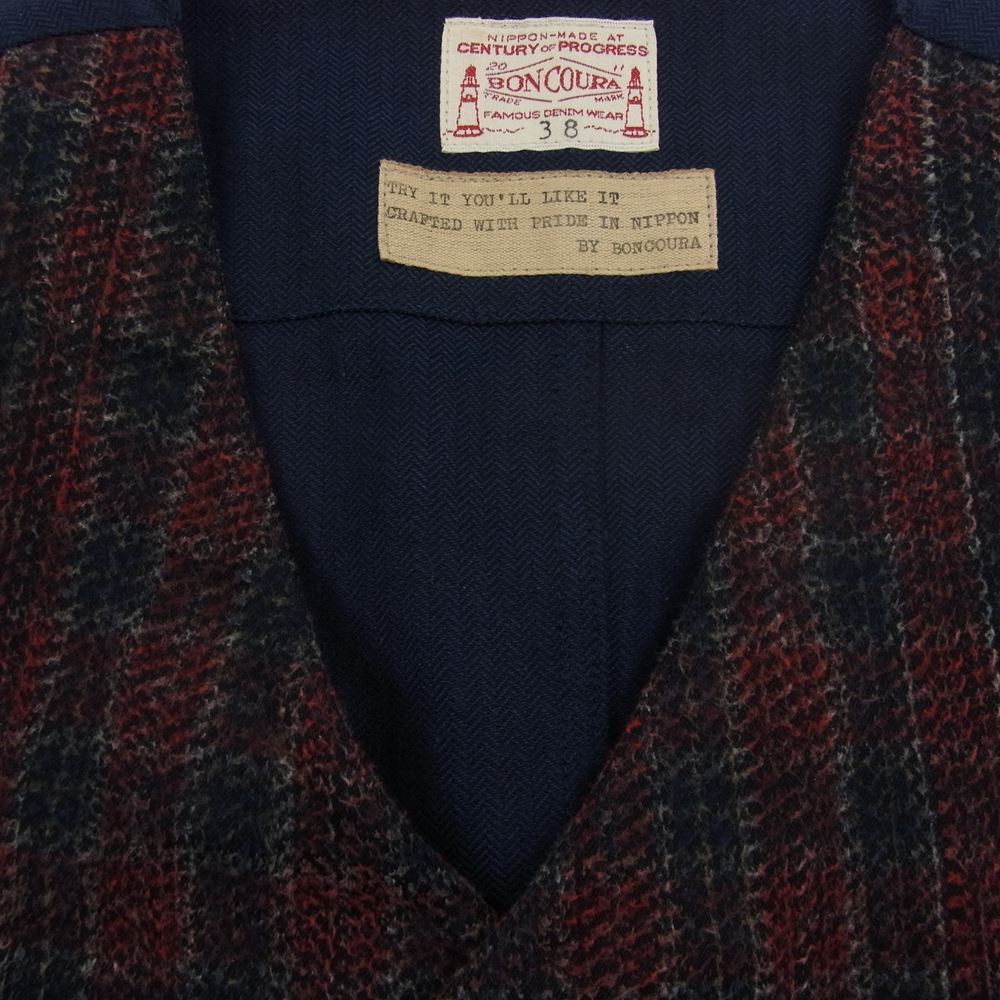 BONCOURA ボンクラ WORK GILET INDIGO RED CHECK ワーク ジレ ベスト ネイビー系 38【中古】